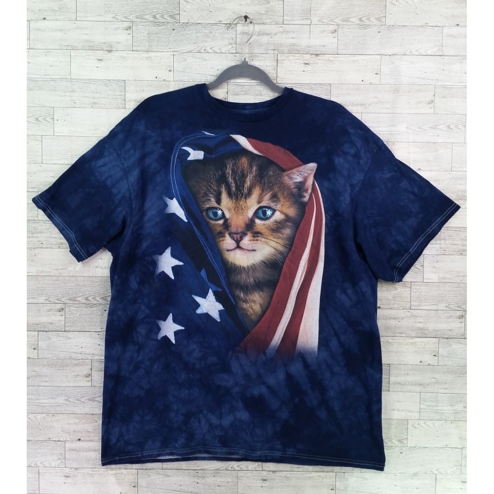 The Mountain 3D Tees Cat American Flag Men's Blue T-Shirt Size XL USA Flag US